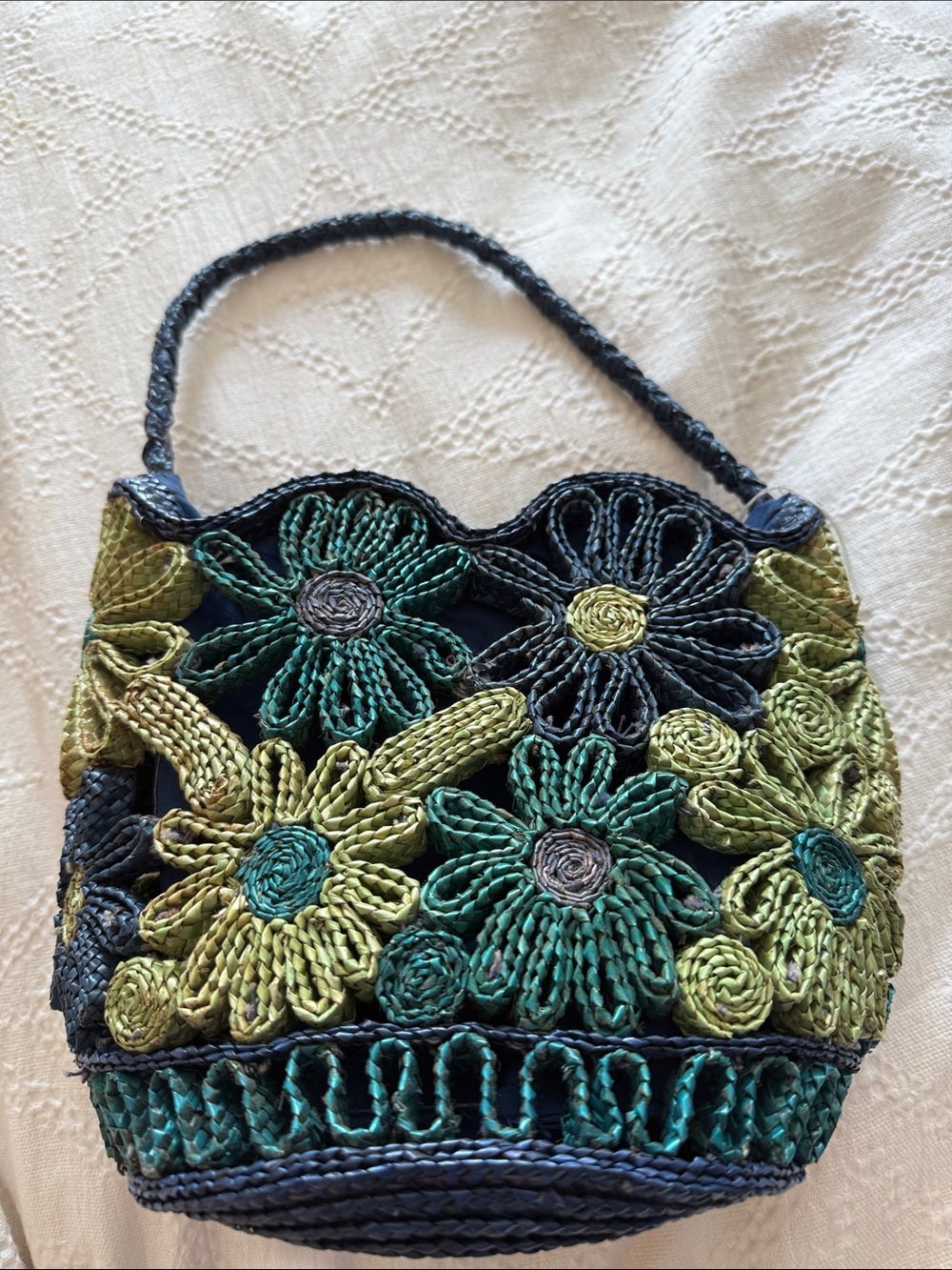 Woven Floral Mini Bag in Navy and Green